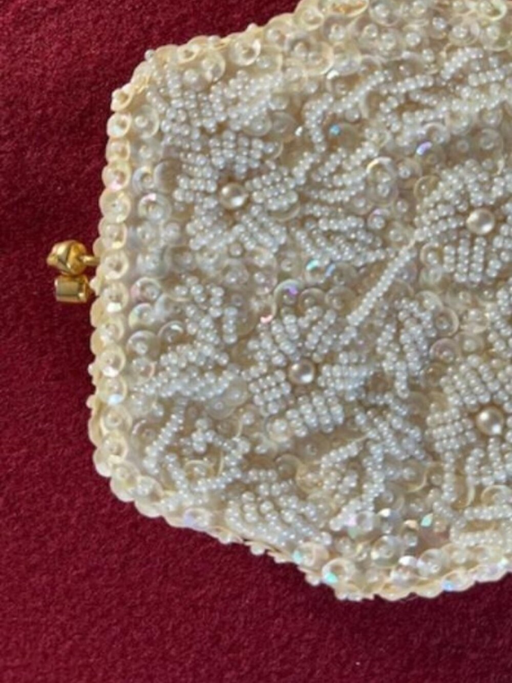 Cream Sequin Bead Change Coin Purse Handmade Hong Kong w/Red Stone Snap/Vintage - Picture 3 of 5